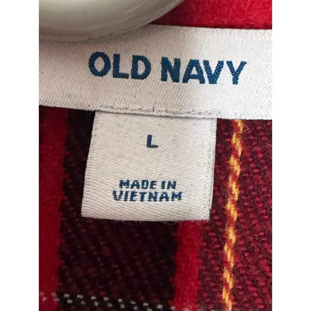 Old Navy Women's Long Tartan Red Plaid Overcoat Sz L Preppy Chic Travel Colorful